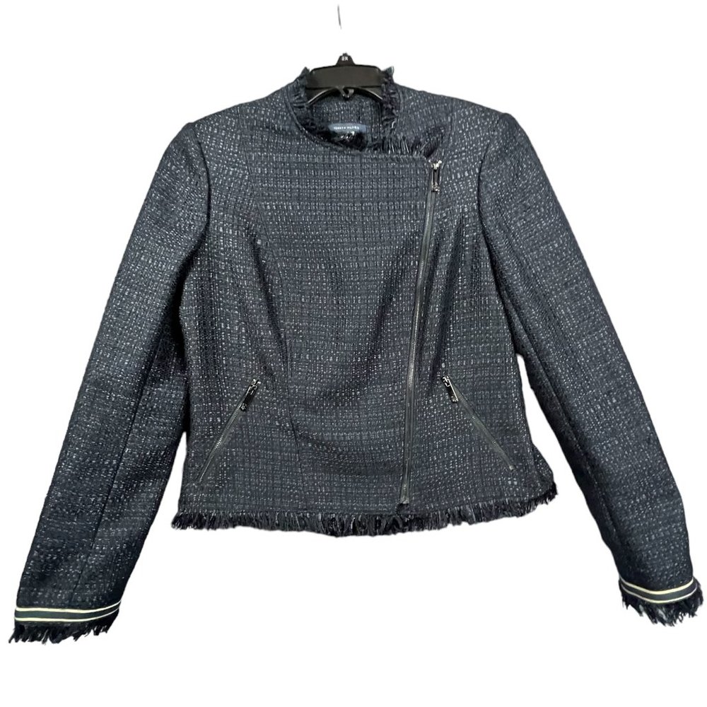 Tommy Hilfiger Women's Blazer Asymmetrical Front Zip Fringe Hem Sleeves & Neck 8
